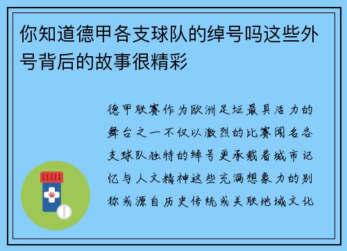 你知道德甲各支球队的绰号吗这些外号背后的故事很精彩